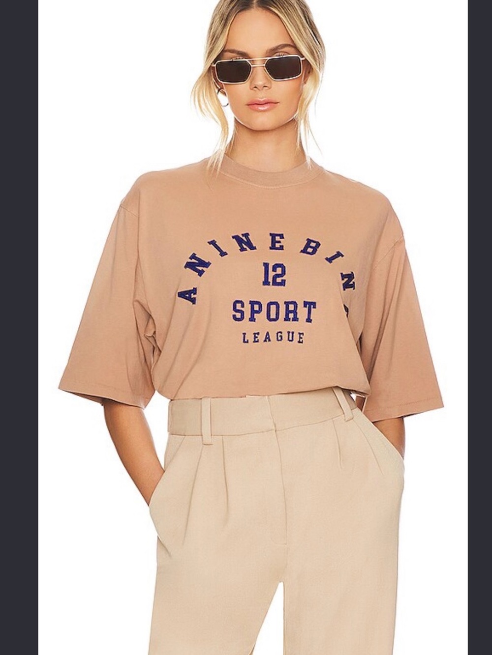 Anine Bing Brown Graphic Sport Tee with Navy Logo